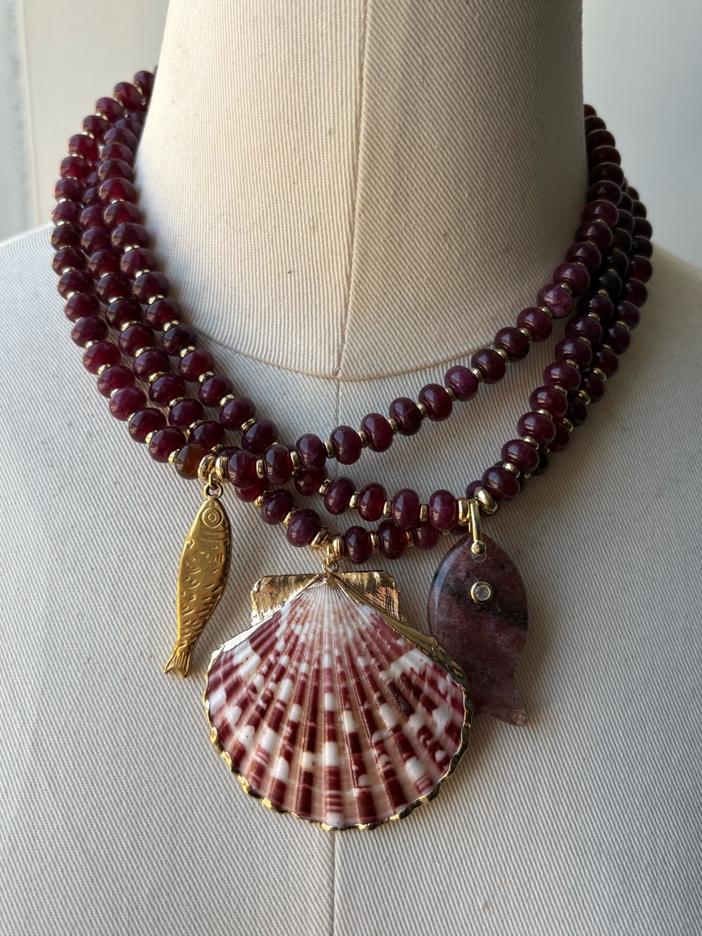 Garnet Beaded Strand Necklace Sardine Fish Charms